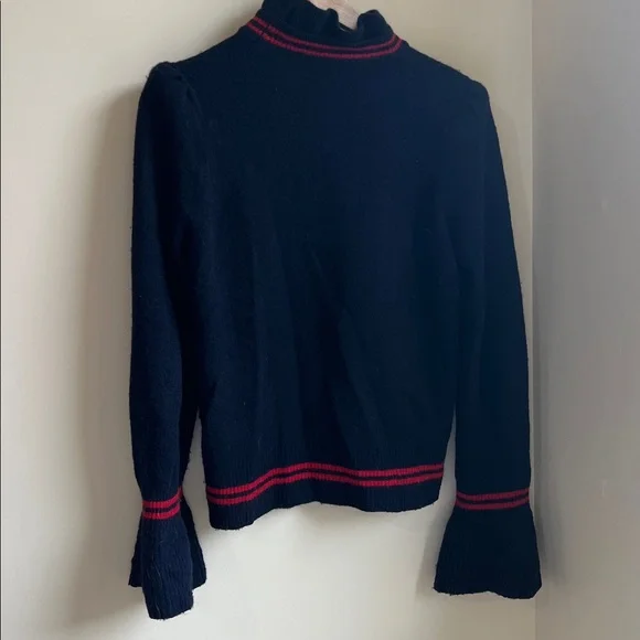 Sandro Paris Navy and red striped Sweater with Ruffle Collar and sleeves. - Picture 7 of 7